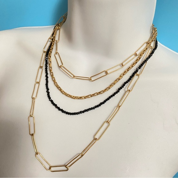 Gold Tone Paper Clip Multistrand Necklace Black Beads Layered - Picture 7 of 7